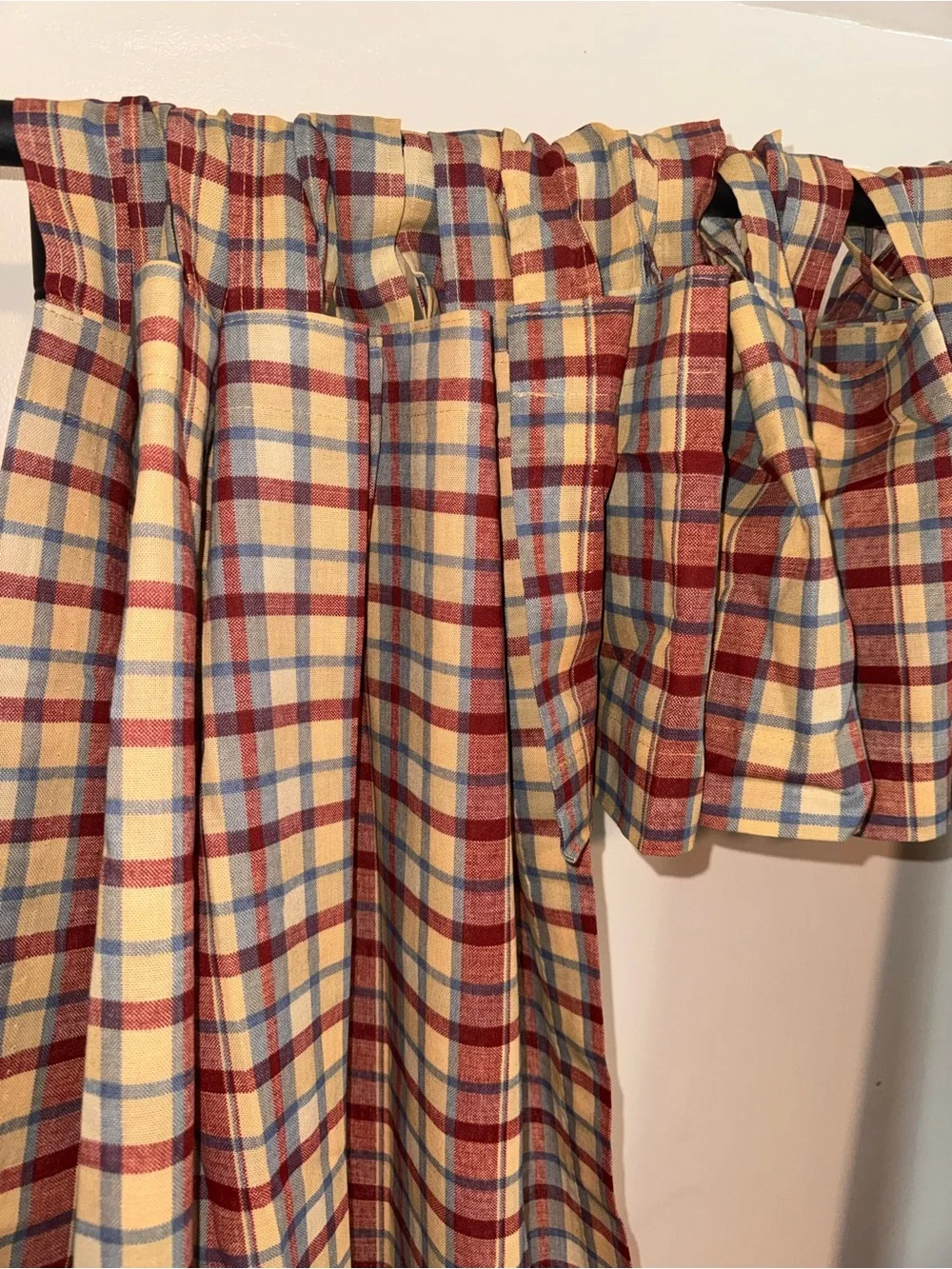 Farmhouse Plaid Curtain Set Panels & Valances Red Blue Tan Country 5 Pc